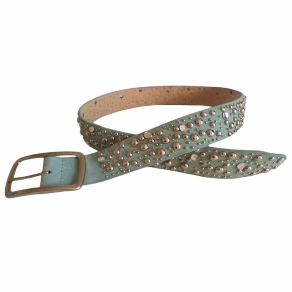 VTG Leather Studded Bedazzled Belt Women\'s Large Vintage Light Blue & Silver